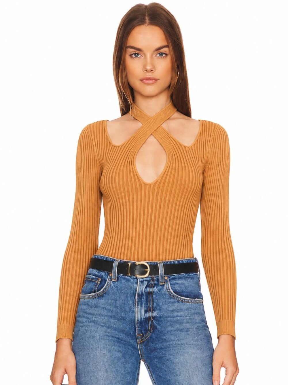 MINKPINK Gianna Ribbed Knit Cutout Top Pecan Long Sleeve M NWT - Picture 2 of 8
